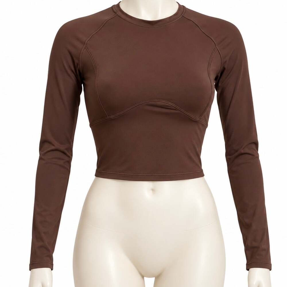 Qinsen Women Crop Top Size XS Brown Long Sleeve Crew Neck Stretch Athletic NWT